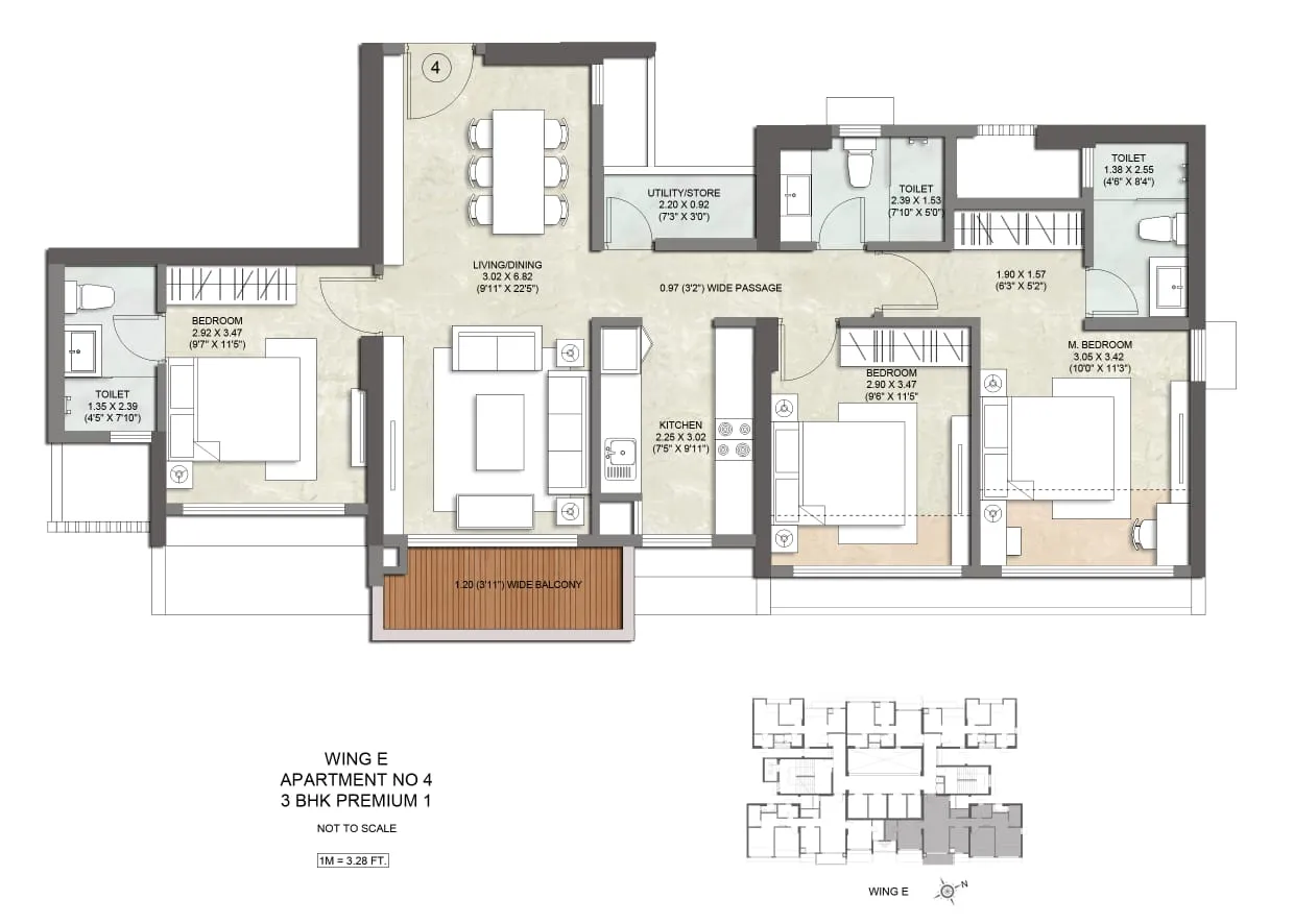 3 BHK 957 floor plan